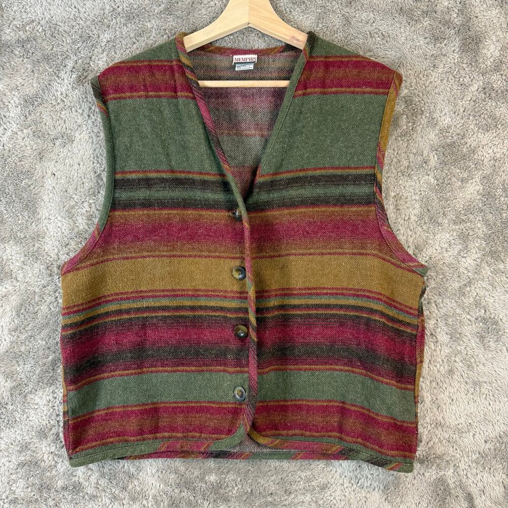 Vintage 90s Southwest Wool Blend Vest Aztec Navajo Stripe Women's L Memphis